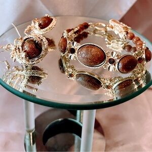 Set Gold plated and Brown Marble stone Vintage-Inspired Bracelet and Earring set
